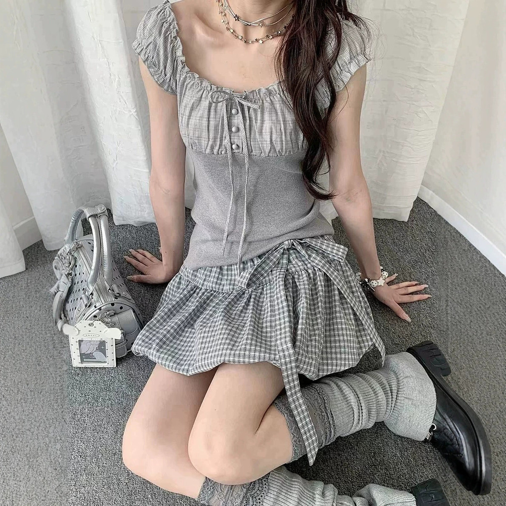 Zara Bow Lace Up Plaid Bubble Light Asian Vintage Short Skirt
